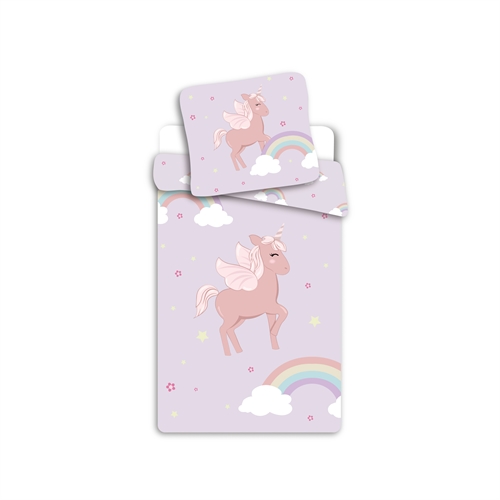 Børnesengetøj 140x200 cm - Lilla vendbart sengesæt med enhjørning og regnbuer - 100% blødt bomulds sengelinned