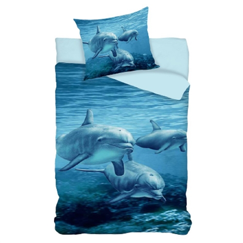 Delfin sengetøj 140x200 cm - Svømmende delfiner - Vendbar dynebetræk - 100% bomulds sengesæt