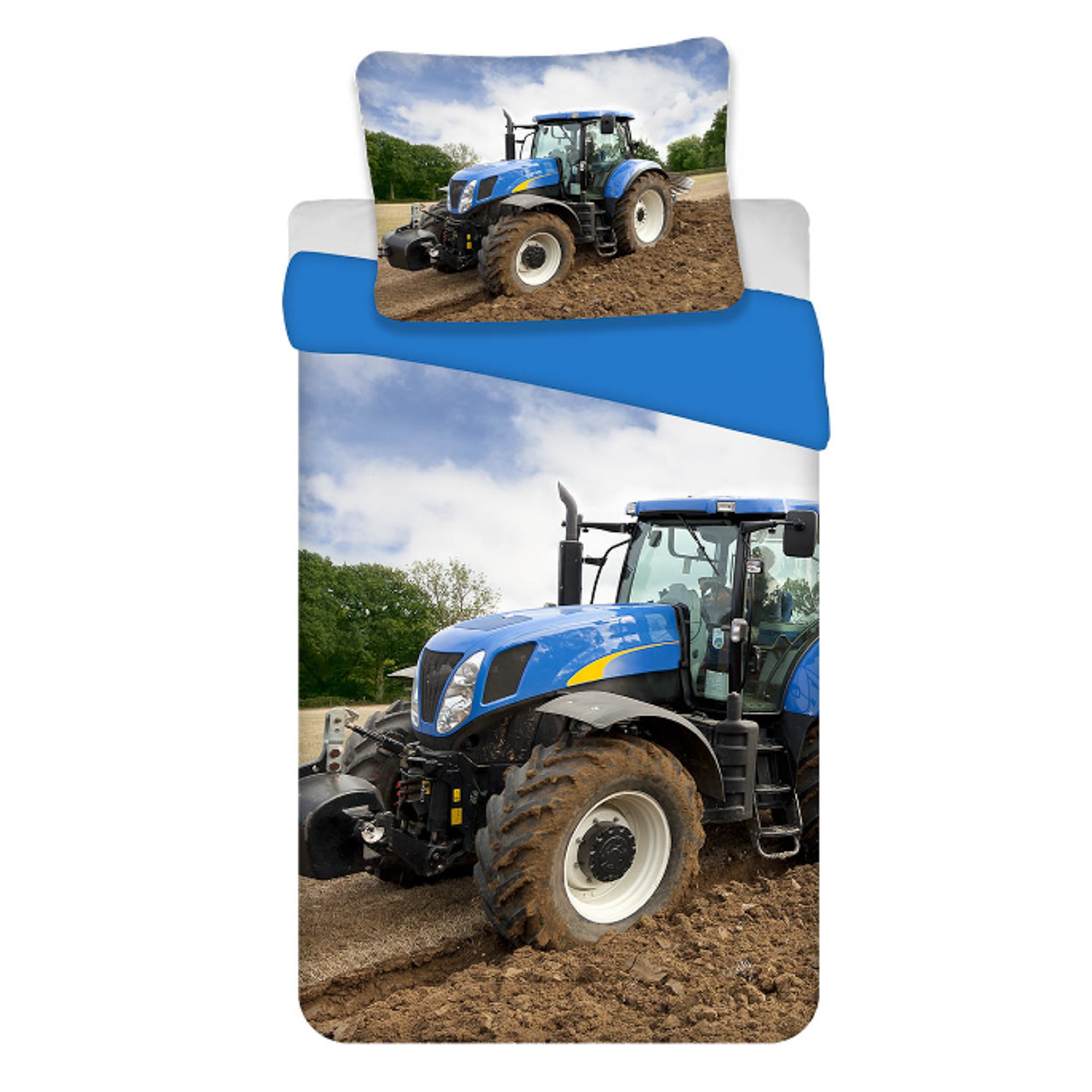 Traktor sengetøj - 100% bomuld - Børnesengetøj 140x200 cm - Blå traktor - Ensfarvet bagside