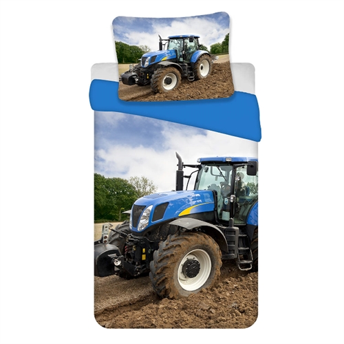 Traktor sengetøj - 140x200 cm - Sengesæt med blå traktor - Vendbart design med blå bagside - 100% bomuld børnesengetøj