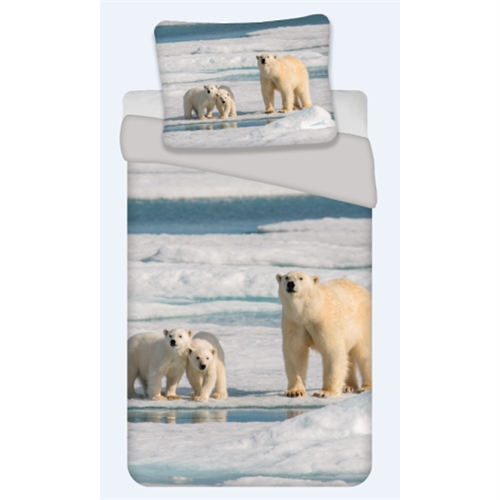 Sengetøj 140x200 cm - Børnesengetøj med motiv af isbjørne familie - Vendbar dynebetræk - 100% bomulds sengesæt