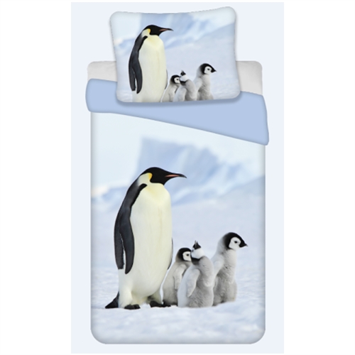 Pingvin sengetøj - 140x200 cm - Børnesengetøj med motiv af Pingvin familie på isen - Vendbart - 100% bomulds sengesæt
