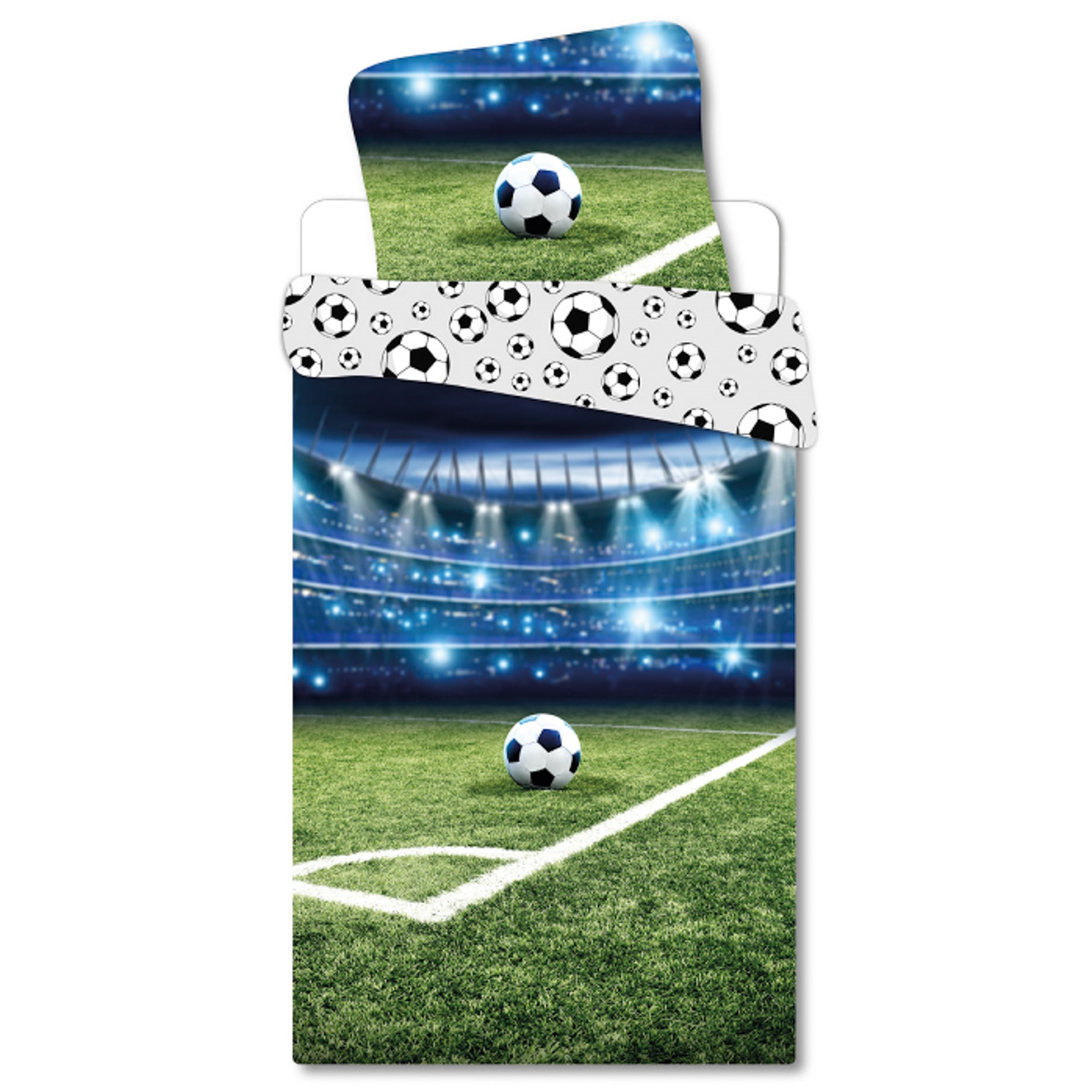 Fodbold sengetøj - 100% bomuld - Børnesengetøj 140x200 cm - Stadion - Bagside med fodbolde