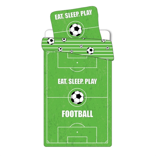 Fodbold sengetøj - 140x200 cm - Fodbold bane og fodbolde - Dynebetræk med vendbart design - 100% bomulds sengesæt