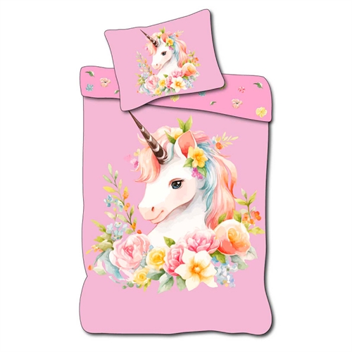 Enhjørning sengetøj 140x200 cm - Vendbart sengesæt med fin unicorn og smukke blomster  - 100% blødt bomulds sengelinned