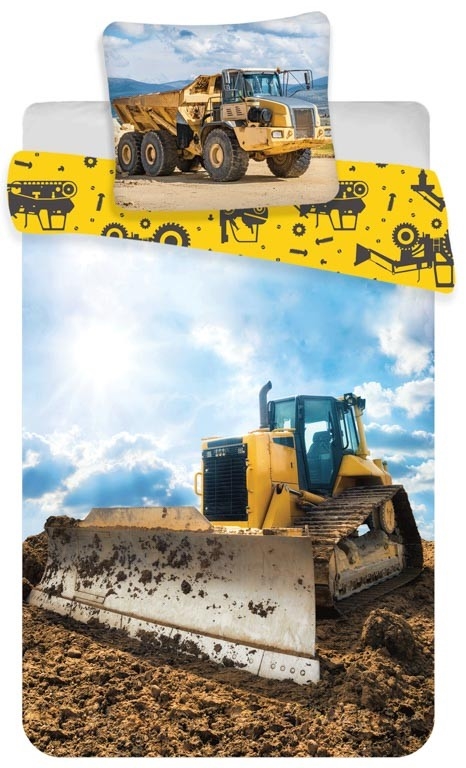 Junior sengetøj 100x140 cm - Bulldozer - Sengesæt med gravemaskine - 2 i 1 design - 100% bomuld
