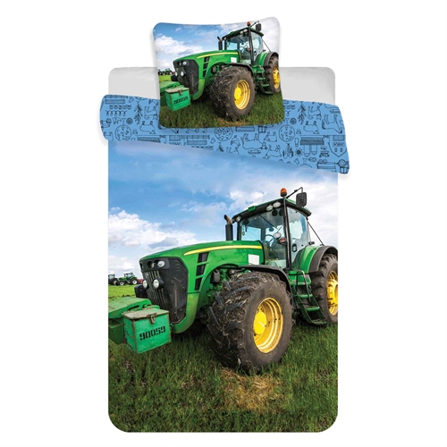 Junior sengetøj 100x140 cm - Vendbart sengesæt med en grøn traktor - 100% blødt bomulds sengelinned
