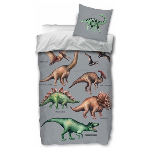 Dinosaur sengetøj - 140x200 cm - Vendbart dino sengesæt - Motiv med T-rex, Triceratops og Stegosaurus  - 100% bomuld - Børnesengetøj