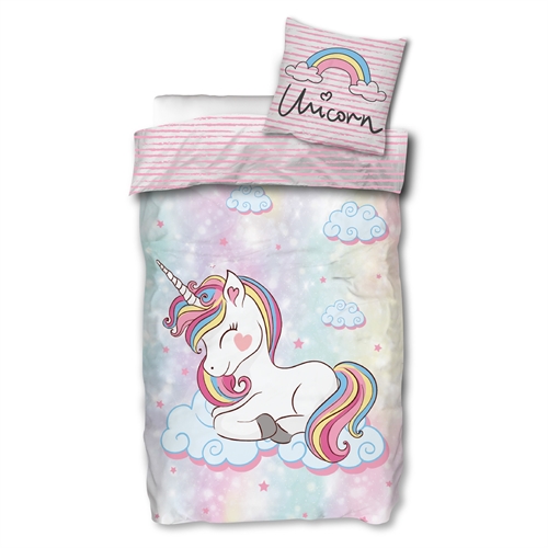 Enhjørning sengetøj - 150x210 cm - Sovende enhjørning på skyer - 100% bomulds sengesæt