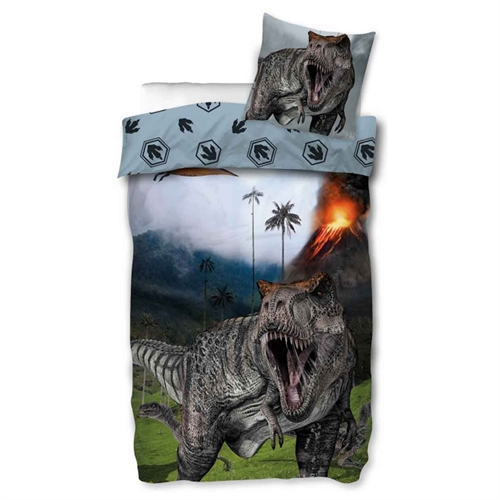 Børne sengetøj - 140x200 cm - Dinosaur sengetøj - Dynebetræk med vendbart design - Farlig t-rex og vulkan - Sengesæt i 100% bomuld