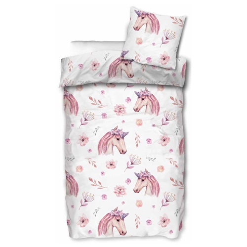 Junior sengetøj 100x140 cm - Enhjørning med blomster - 2 i 1 design - 100% bomuld børne sengesæt