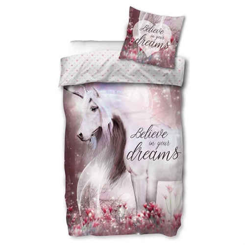Enhjørning sengetøj - 140x200 cm - Believe in your dreams - Vendbart design med unicorn dynebetræk  - 100% bomulds sengesæt