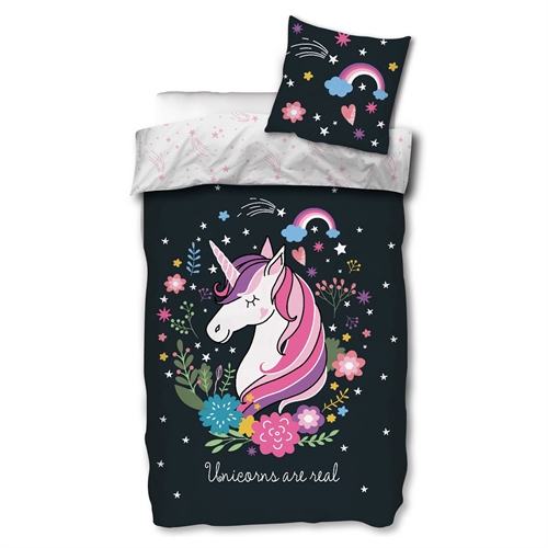 Unircorn sengetøj 100x140 cm - Sengesæt med enhjørning - 2 i 1 design - Glow in the dark sengetøj - 100% bomuld 
