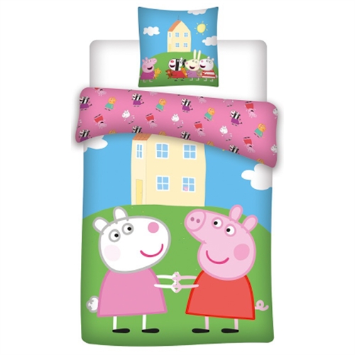 Gurli Gris Sengetøj - 140x200 cm - Gurli Gris og Frida Får sengesæt - 2 i 1 design - 100% bomuld