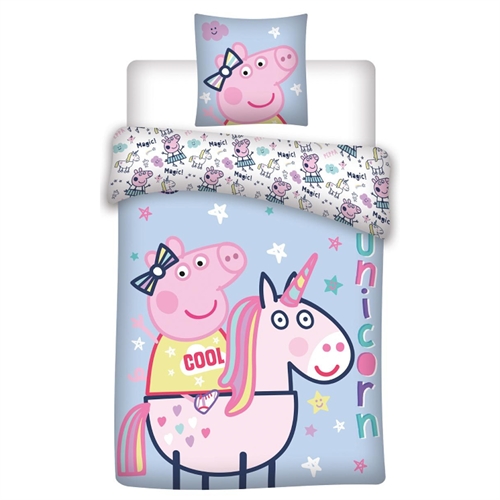 Gurli Gris sengetøj - 140x200 cm - Gurli Gris på enhjørning sengesæt - 2 i 1 design - Sengelinned i 100% bomuld