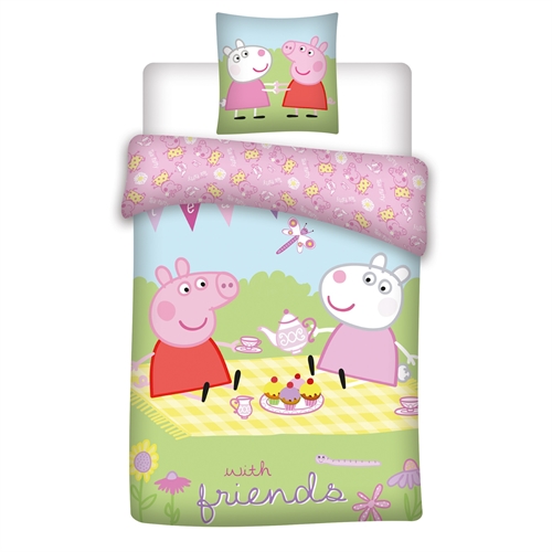 Gurli Gris sengetøj 140x200 cm - Gurli Gris og Frida på picnic sengesæt - Vendbart design - 100% bomuld