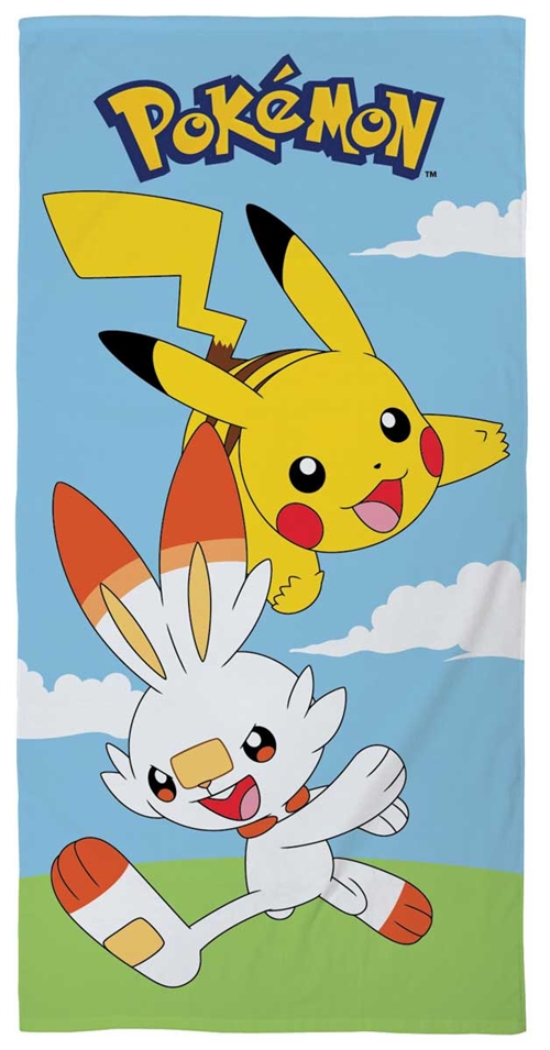 Pokémon håndklæde - 70x140 cm - 100% bomuld - Blødt badehåndklæde med Pikachu og Scorbunny
