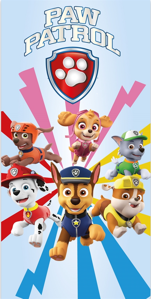 Paw Patrol håndklæde - 70x140 cm - 100% bomuld - Super Team - Blødt badehåndklæde med Chase, Marshall, Zuma, Rubble, Skye og Rocky 