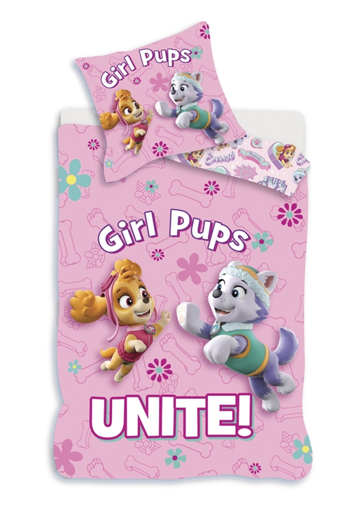 Paw Patrol junior sengetøj 100x140 cm - Girl pups pink - Vendbart design - 100% bomuld  