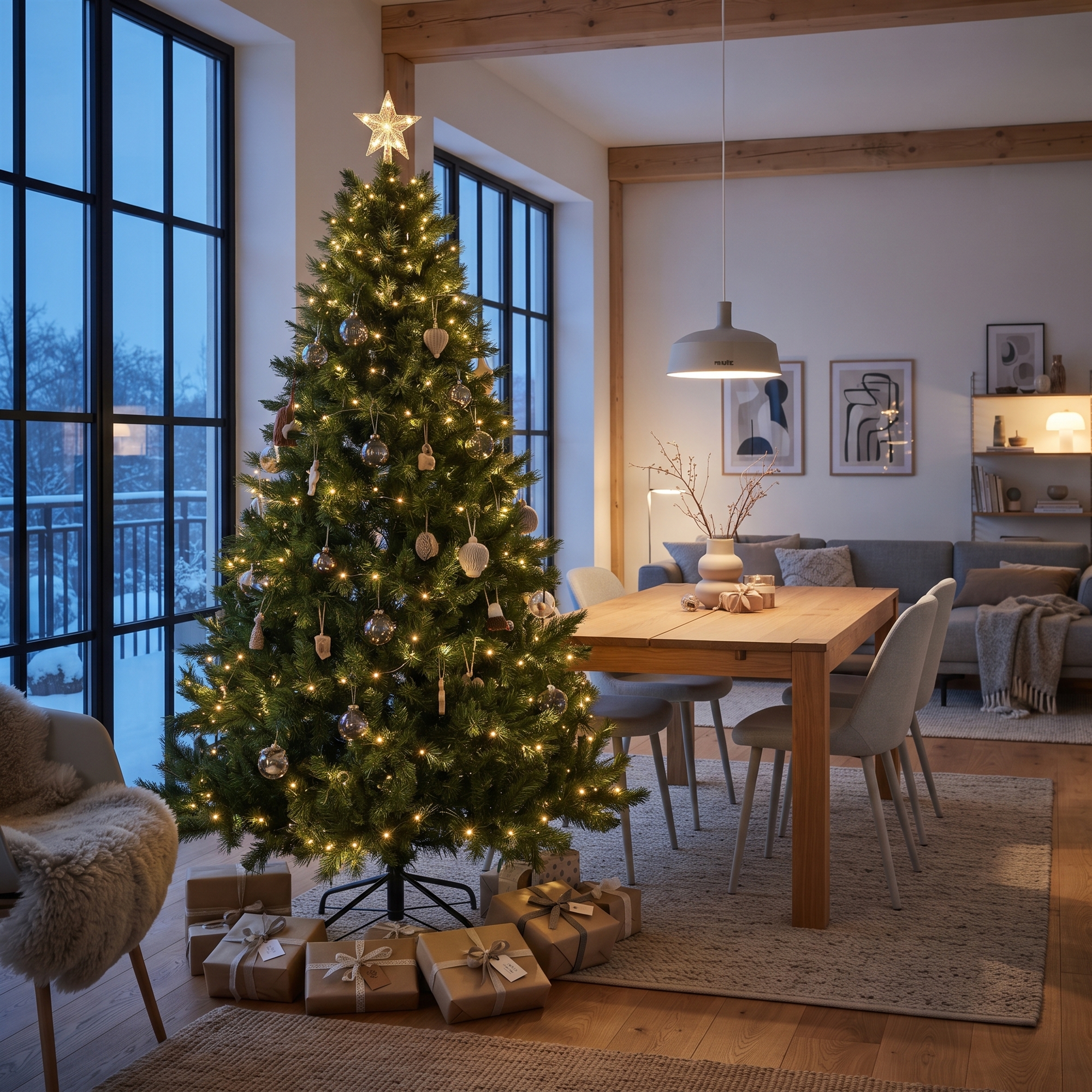 Kunstigt juletræ - Højde 180 cm - Stort, grønt og fyldigt - På fod