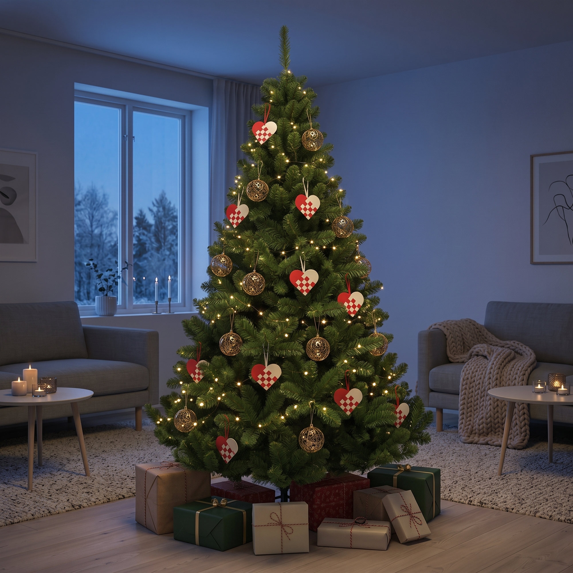 Kunstigt juletræ - Højde 210 cm - Stort, grønt og fyldigt - På fod