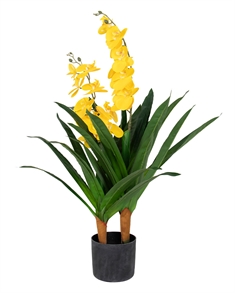 Kunstig Orkidé - 90 cm - 2-grenet - Gule blomster - Kunstig blomst i sort potte