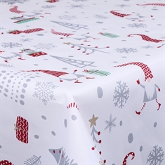Tekstil voksdug - Nisser, juletræer og gaver - 140 cm bred - På metermål