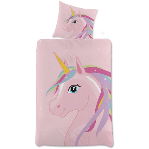 Børnesengetøj 140x200 cm - Lyserødt vendbart sengesæt med enhjørning - 100% blødt bomulds sengelinned