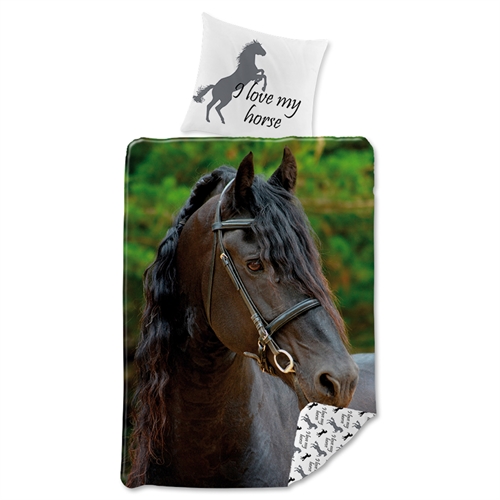 Heste sengetøj 140x200 cm - I love my horse - Vendbar dynebetræk - 100% bomulds sengesæt