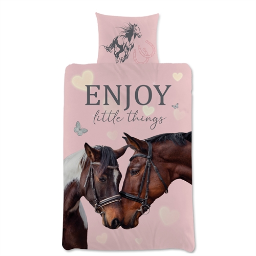 Heste sengetøj 140x200 cm - Motiv af to heste - Vendbar sengesæt - 100% bomuld
