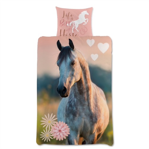 Heste sengetøj 140x200 cm - Flot romantisk hest - 100% bomulds sengesæt