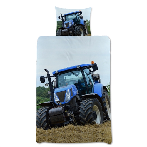 Traktor sengetøj 140x200 cm - Vendbar sengesæt med blå traktor - 100% bomuld - Flot børnesengetøj