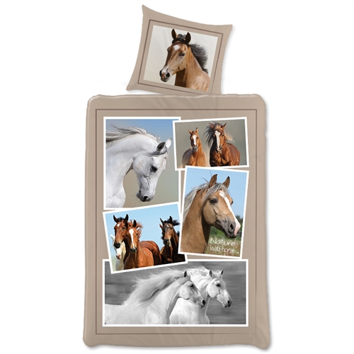 Heste sengetøj 140x200 cm - Heste sengetøj med små billeder - 2 i 1 design - Dynebetræk i 100% bomuld