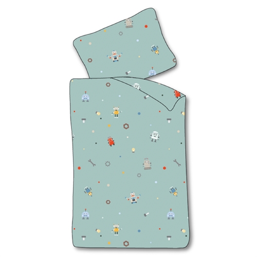 Junior sengetøj 100x140 cm - Blåt sengesæt med robotter - 100% blødt bomulds sengelinned