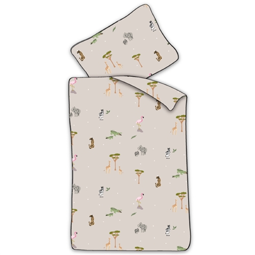 Junior sengetøj 100x140 cm - Beige sengesæt med safari dyr - 100% blødt bomulds sengelinned