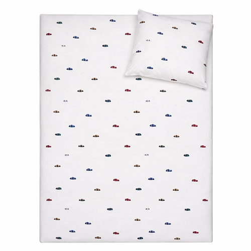 Racerbil sengetøj - 100% bomuld - Junior sengetøj 100x140 cm - Hvidt med racerbiler