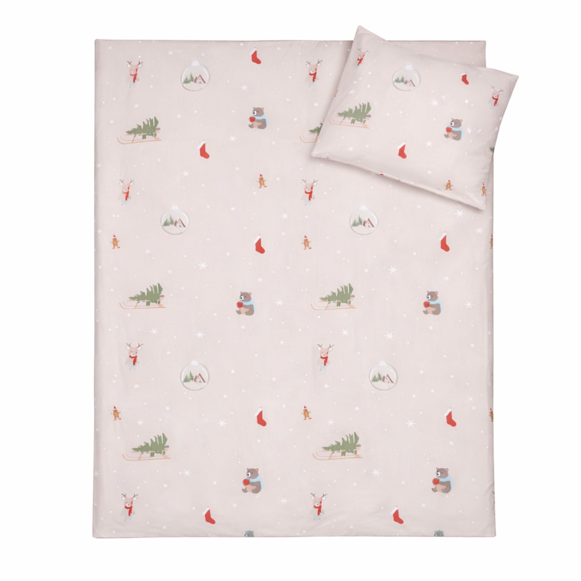 Julesengetøj - 100% bomuld - Babysengetøj 70x100 cm - Beige med juleikoner