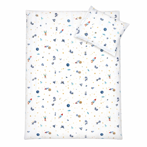 Dinosaur og rumraket sengetøj - 100% bomuld - Junior sengetøj 100x140 cm - Hvidt stribet med dinosaurer og rumraketter