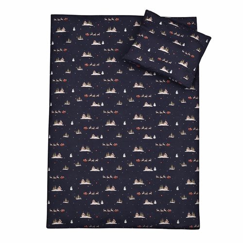 Julesengetøj - 100% bomuld - Junior sengetøj 100x140 cm - Mørkeblå med julemand og rensdyr