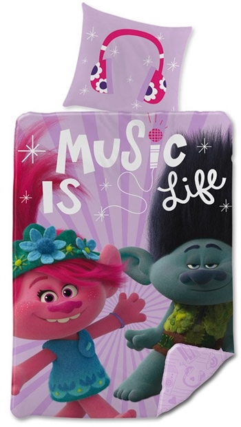 Børne sengetøj - 140x200 cm - Trolls sengesæt med Poppy og Kvist - Vendbart design - Sengelinned i 100% bomuld