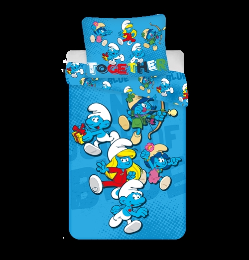 Junior sengetøj - 100x140 cm - Super sødt Smølfe sengesæt - 100% bomuld - 2 i 1 design