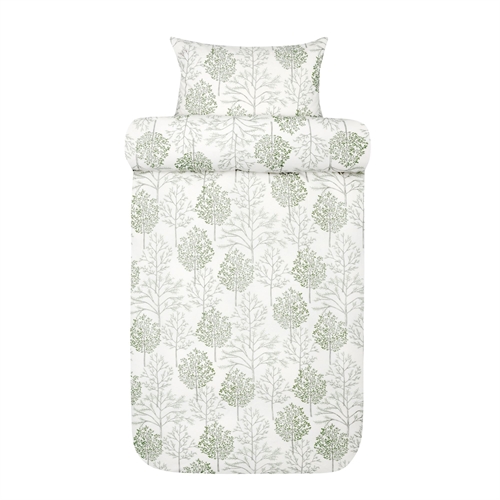 Flonel sengetøj 140x220 cm - Hvidt sengesæt med grønne træer - 100% bomulds flonel - Thea Høie of Scandinavia sengelinned