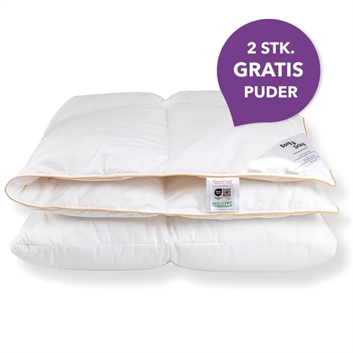 Helårs dobbeltdyne + 2 stk. GRATIS puder med moskusdun - 200x200 cm - 100% moskusdundyne