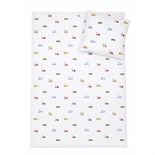 Stribet arbejdsmaskine sengetøj - 100% bomuld - Babysengetøj 70x100 cm - Hvid med blå striber og arbejdsmaskiner