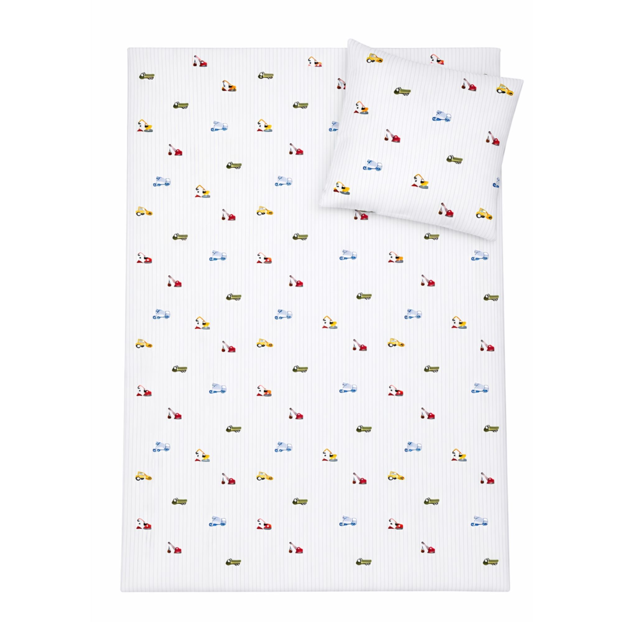 Stribet arbejdsmaskine sengetøj - 100% bomuld - Babysengetøj 70x100 cm - Hvid med blå striber og arbejdsmaskiner